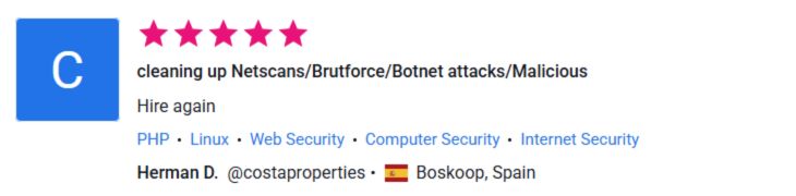Client review for Cleaning up Netscans,Brutforce,Botnet attacks,Malicious by Pentest Testing Corp.