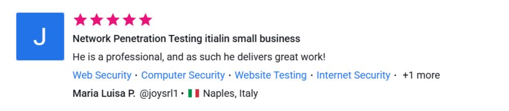 Client review for Network Penetration Testing for Italian Small business by Pentest Testing Corp