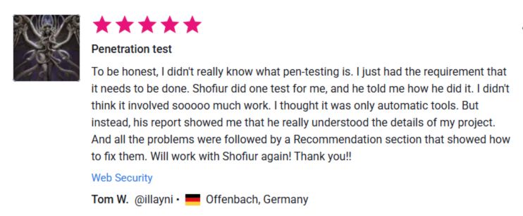 Client review for Penetration test by Pentest Testing Corp
