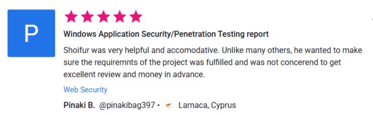 Client review for Windows Application Security, Penetration Testing by Pentest Testing Corp