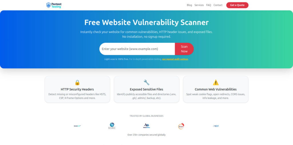 Here, you can view the interface of our free tools webpage, which offers multiple security checks. Visit Pentest Testing’s Free Tools to perform quick security tests.