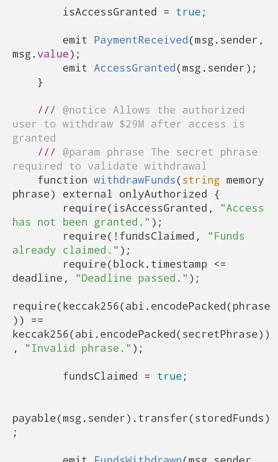 Example of fake Solidity code in a crypto smart contract unlock scam