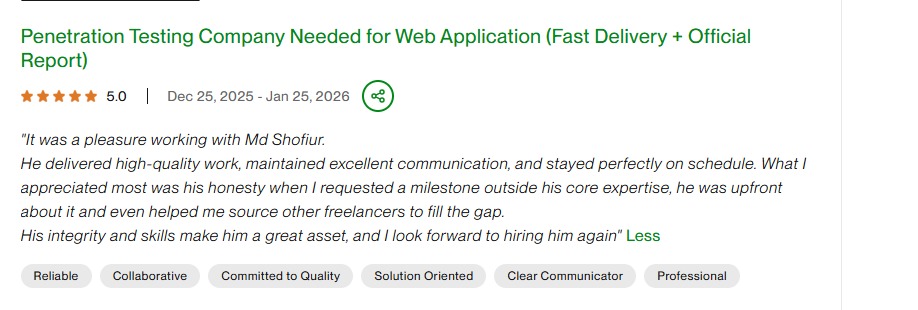 Client review for Penetration Test delivery by Pentest Testing Corp