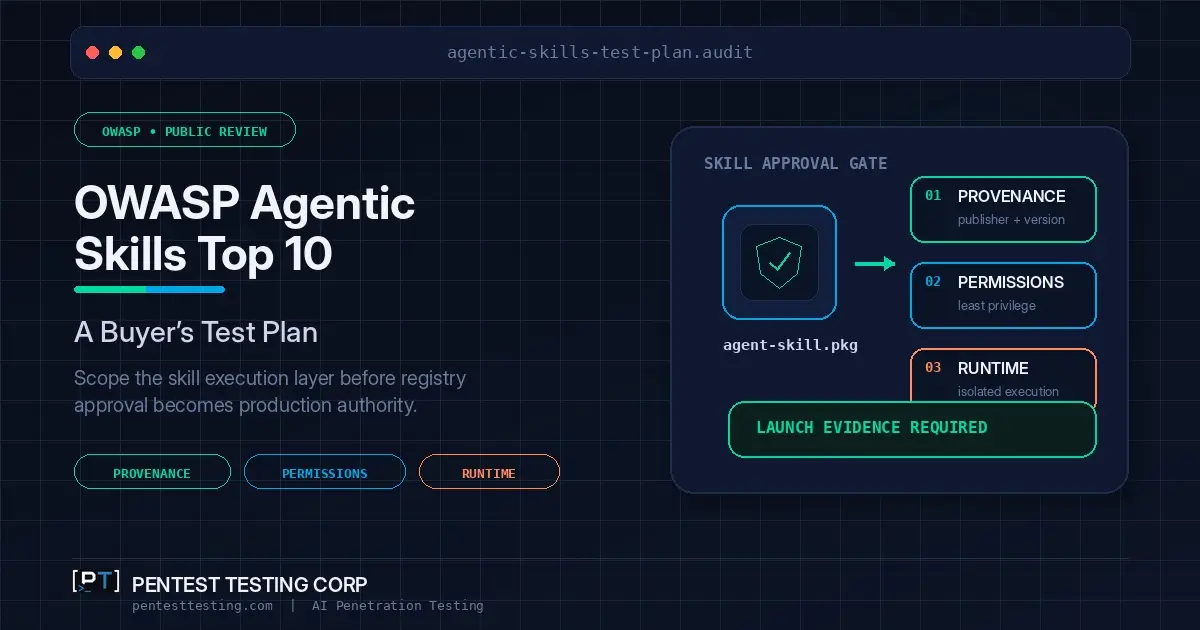 Pentest_Testing_Corp_OWASP_Agentic_Skills_Top_10_Featured OWASP Agentic Skills Top 10 buyer test plan showing an AI agent skill passing through provenance, permission, and runtime security controls.