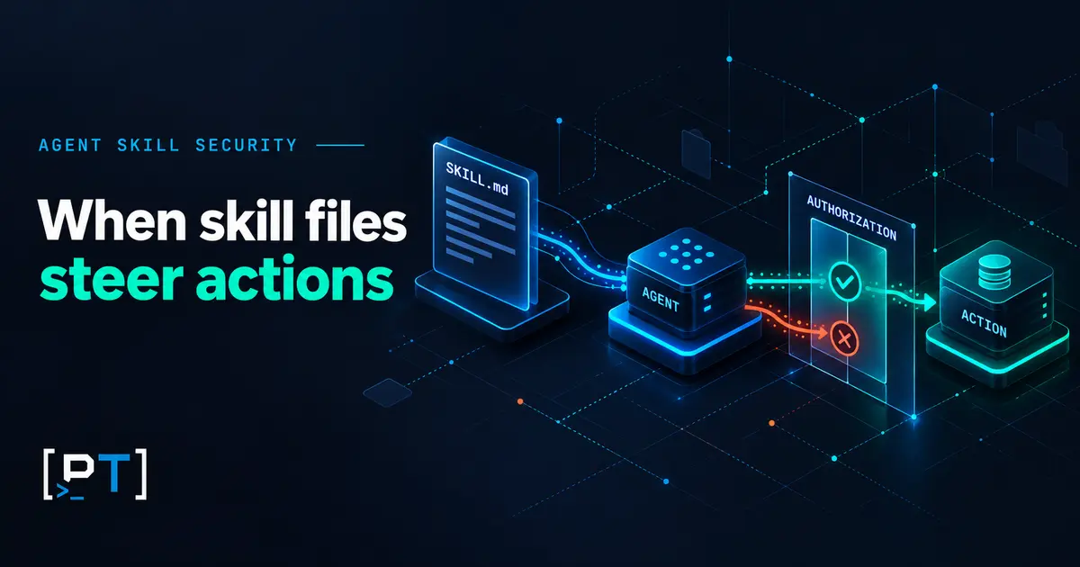 agent-skill-injection-featured Skill instructions influence an AI agent, while an independent authorization gate controls the resulting business action.