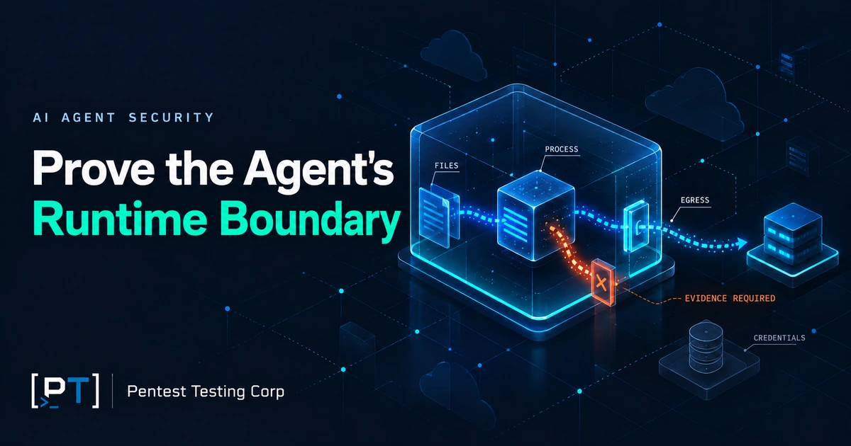 ai-agent-sandbox-security-testing-featured Agent runtime enclosed by a policy boundary, with an approved service path and a blocked route.