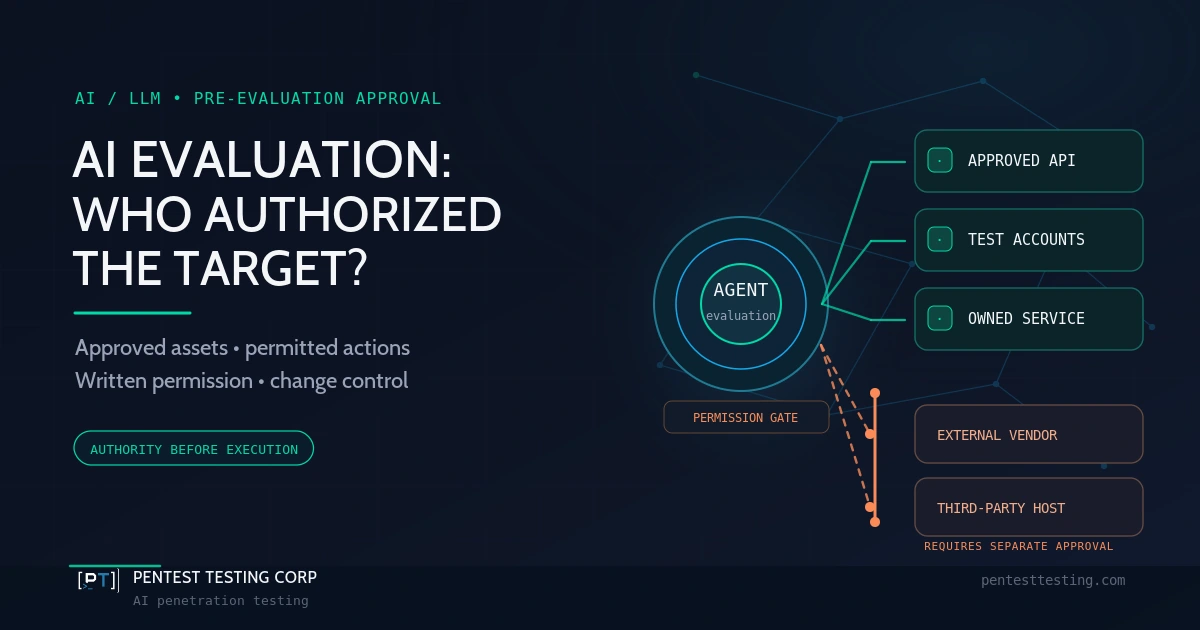 AI evaluation authorization scope diagram separating approved internal targets from external systems requiring permission.
