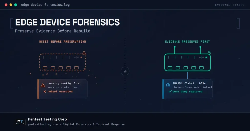 Split illustration showing a network router's evidence dissolving on one side and preserved intact on the other, representing edge device forensics before rebuild.