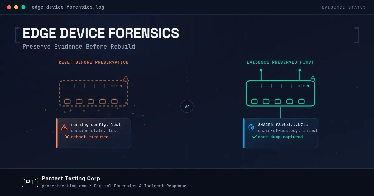 edge-device-forensics-featured Split illustration showing a network router's evidence dissolving on one side and preserved intact on the other, representing edge device forensics before rebuild.