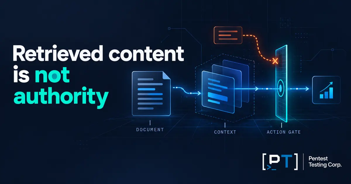 Indirect prompt injection in RAG illustrated through document content, model context and an independent action authorization gate.