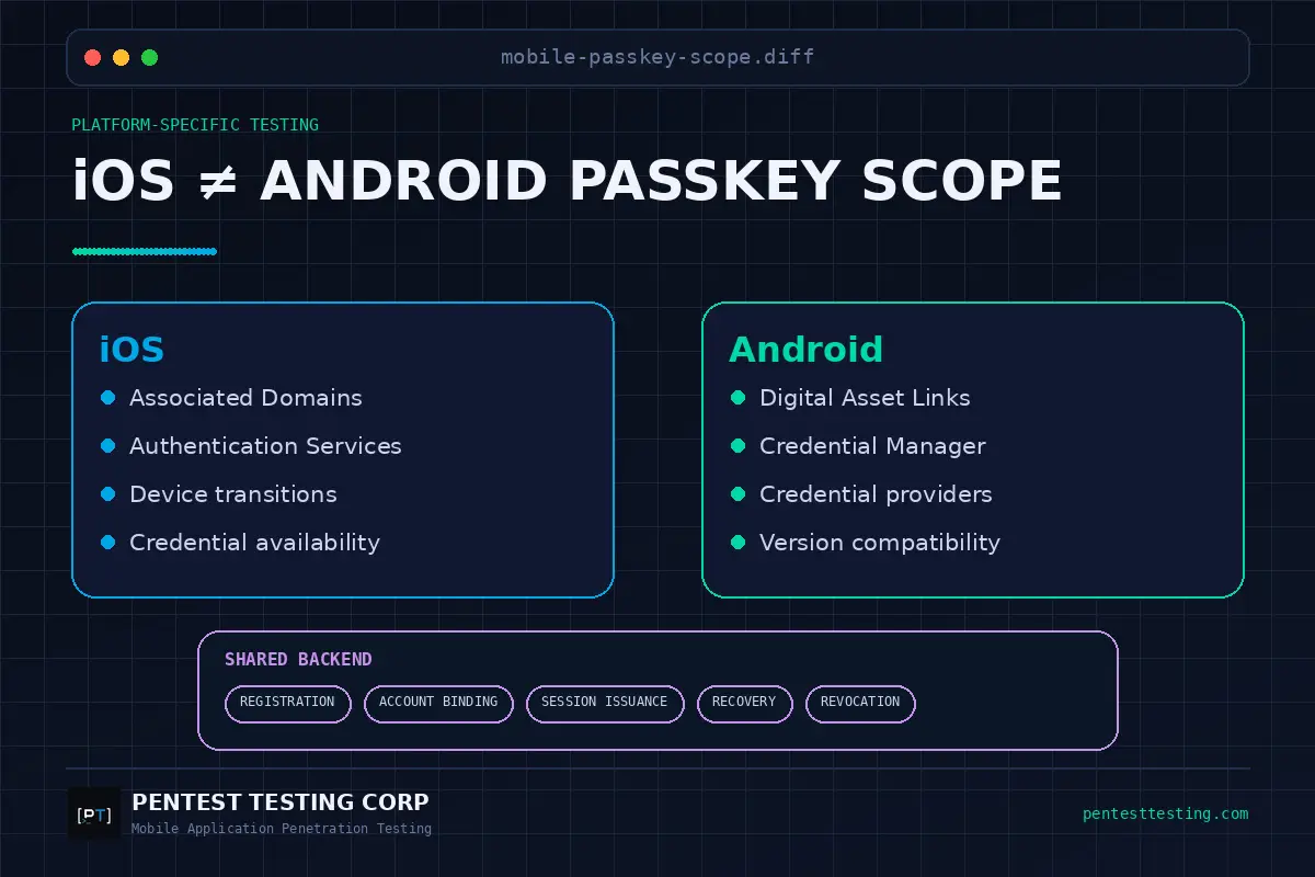 ios-vs-android-passkey-testing-scope iOS and Android passkey security testing comparison showing platform-specific controls and a shared identity backend.