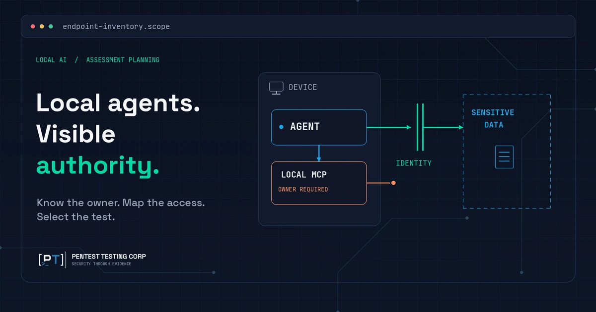local-ai-agent-security-assessment-scope-featured Local AI agent security assessment scope linking an endpoint agent and local MCP server to identity, sensitive data and ownership.