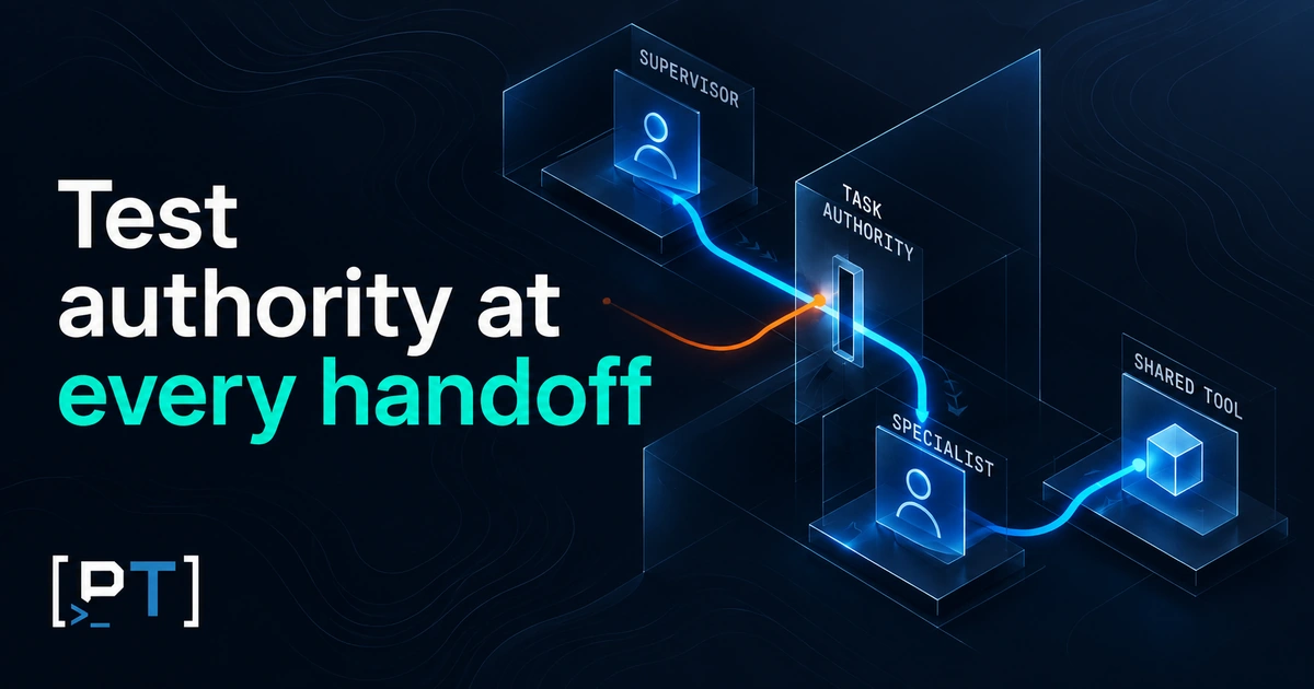 multi-agent-delegation-security-testing-featured A supervisor passes a bounded task through an authorization gate to a specialist before shared-tool execution.