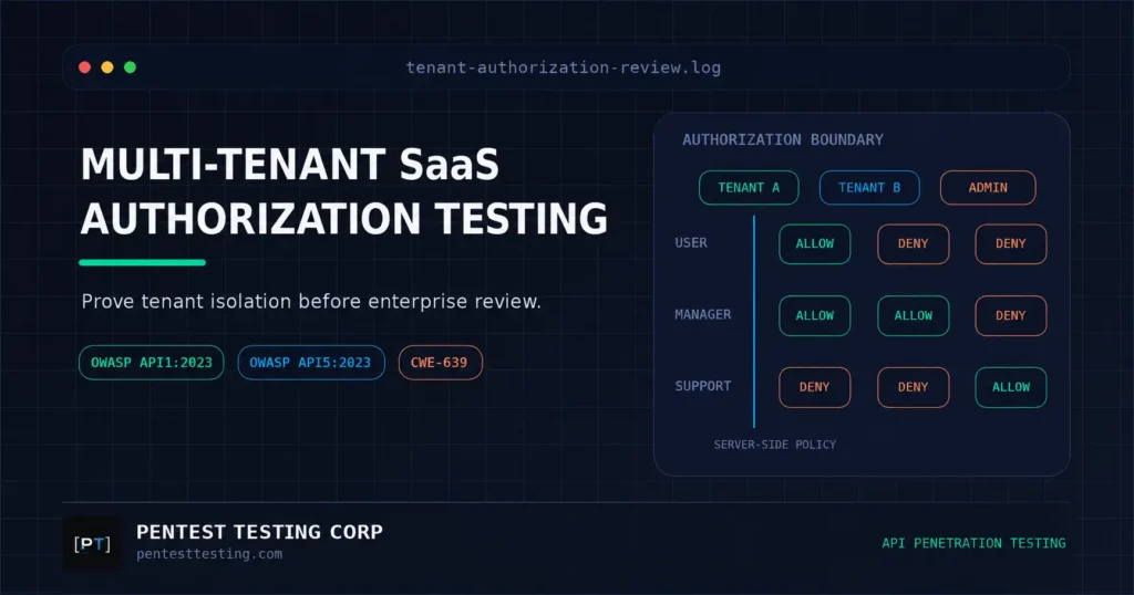 Multi-tenant SaaS authorization testing graphic showing tenant, role, and API access boundaries that should be validated before an enterprise security review.