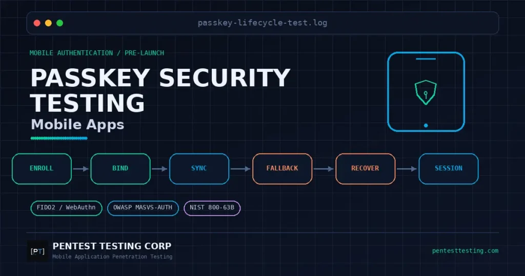 Passkey security testing for mobile apps lifecycle showing enrollment, account binding, sync, fallback, recovery, and session validation.