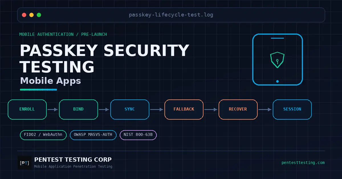 passkey-security-testing-mobile-apps-featured Passkey security testing for mobile apps lifecycle showing enrollment, account binding, sync, fallback, recovery, and session validation.