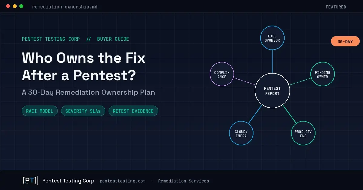 Diagram showing five pentest remediation ownership roles connected to a central report, with a 30-day deadline badge