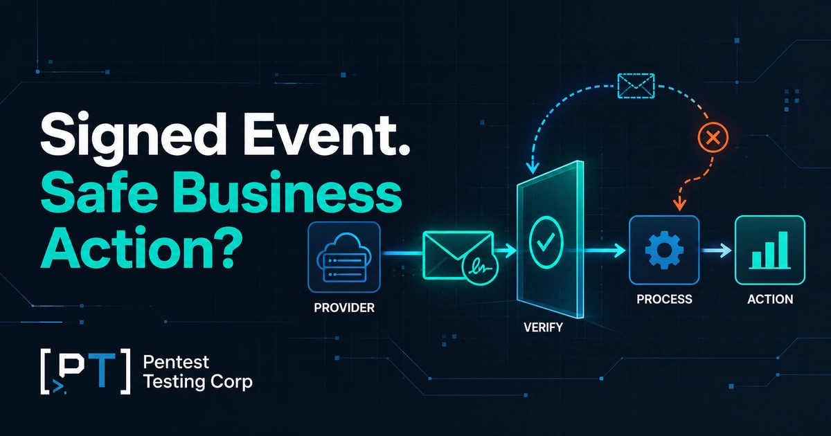 Webhook security best practices showing signature verification before processing and a business action