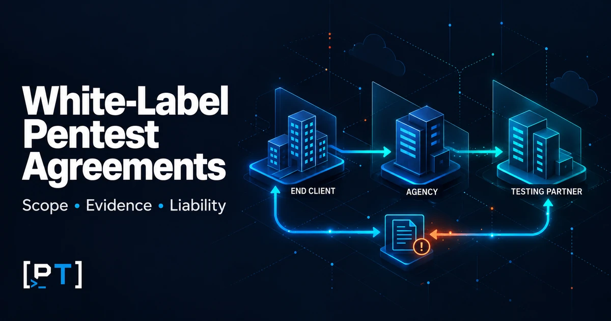white-label-pentest-agreement-featured End client, agency, and testing partner connected by testing and evidence paths.